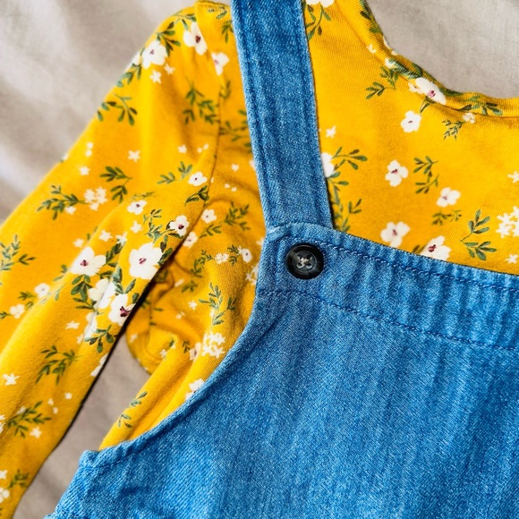 2 Piece Denim Dress + Long Sleeve Floral Tee Outfit Skirtall 2T Toddler Girl - Picture 4 of 6